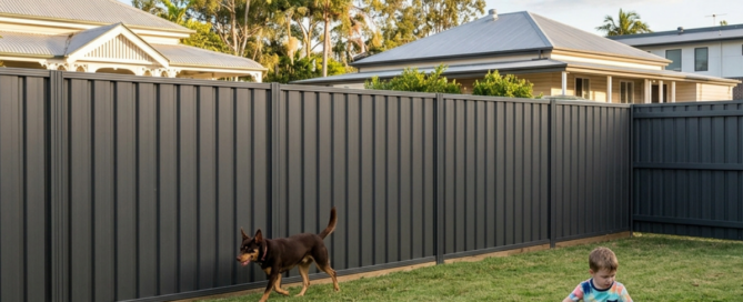 A child and a brown dog playing safely in a North Brisbane backyard with high, secure Colorbond fencing.