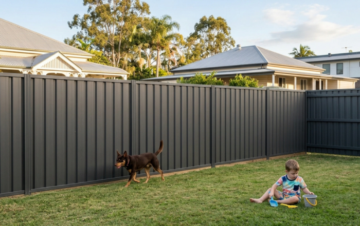 A child and a brown dog playing safely in a North Brisbane backyard with high, secure Colorbond fencing.