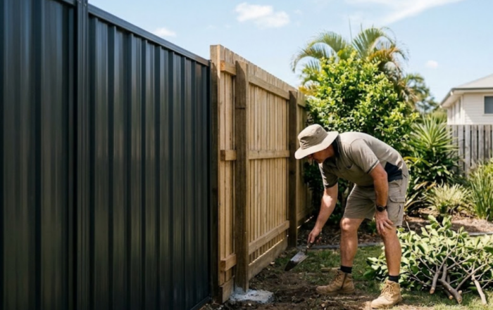 A man in Brisbane preparing a garden fence for storm season.
