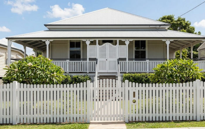 Classic white picket fence enhances the street appeal of a traditional Queenslander home.