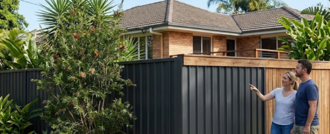 Homeowners in North Brisbane compare Colorbond vs timber fencing side-by-side on a sunny day.