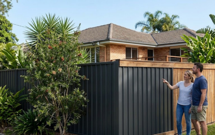 Homeowners in North Brisbane compare Colorbond vs timber fencing side-by-side on a sunny day.