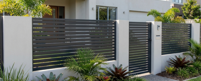 A modern designer fence with dark horizontal aluminium slats and rendered pillars, with an entry gate and tropical landscaping.