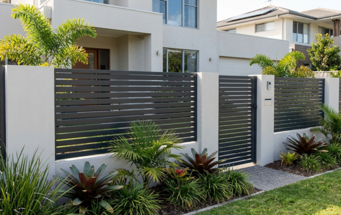 A modern designer fence with dark horizontal aluminium slats and rendered pillars, with an entry gate and tropical landscaping.