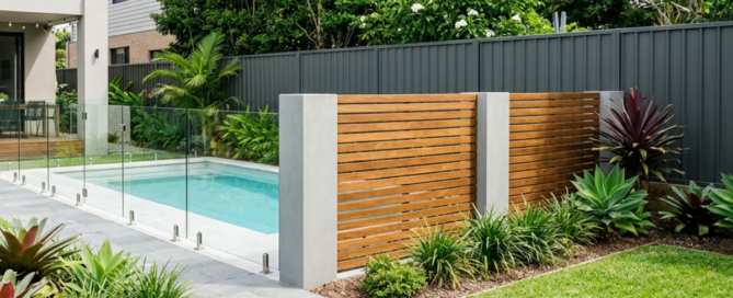 A modern residential yard displaying a combination of timber slat, Colorbond, and glass pool fence materials.